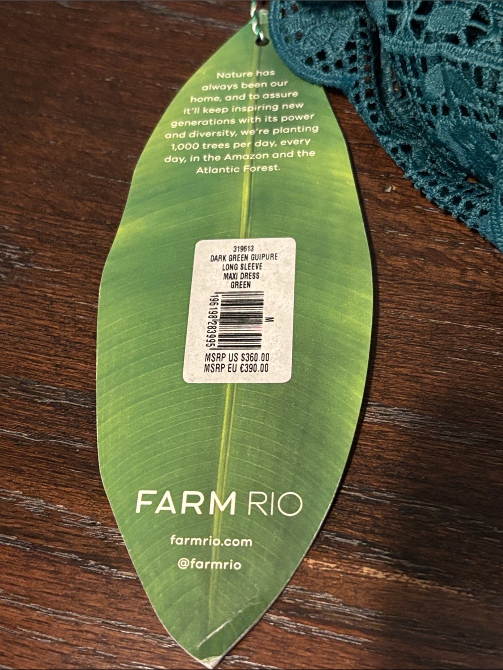 Farm Rio MISSING SLIP Emerald Dark Green Guipure Lace Long Sleeve Maxi Dress NWT - Picture 3 of 4